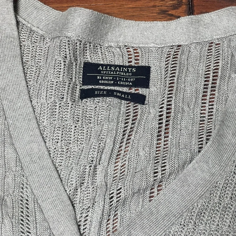 AllSaints Knitted Yurik Cardigan‎ Mens Small Gray Open Knit Academia Button Up - Picture 3 of 8